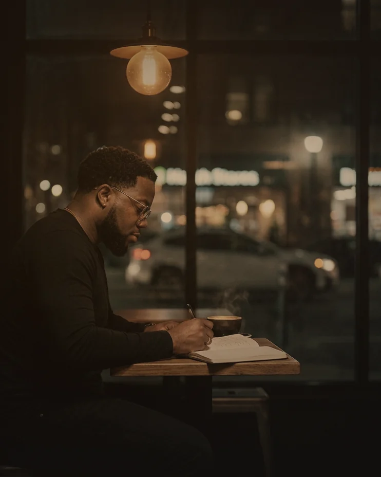 Claude Ball writing in a notebook at a cafe table at night