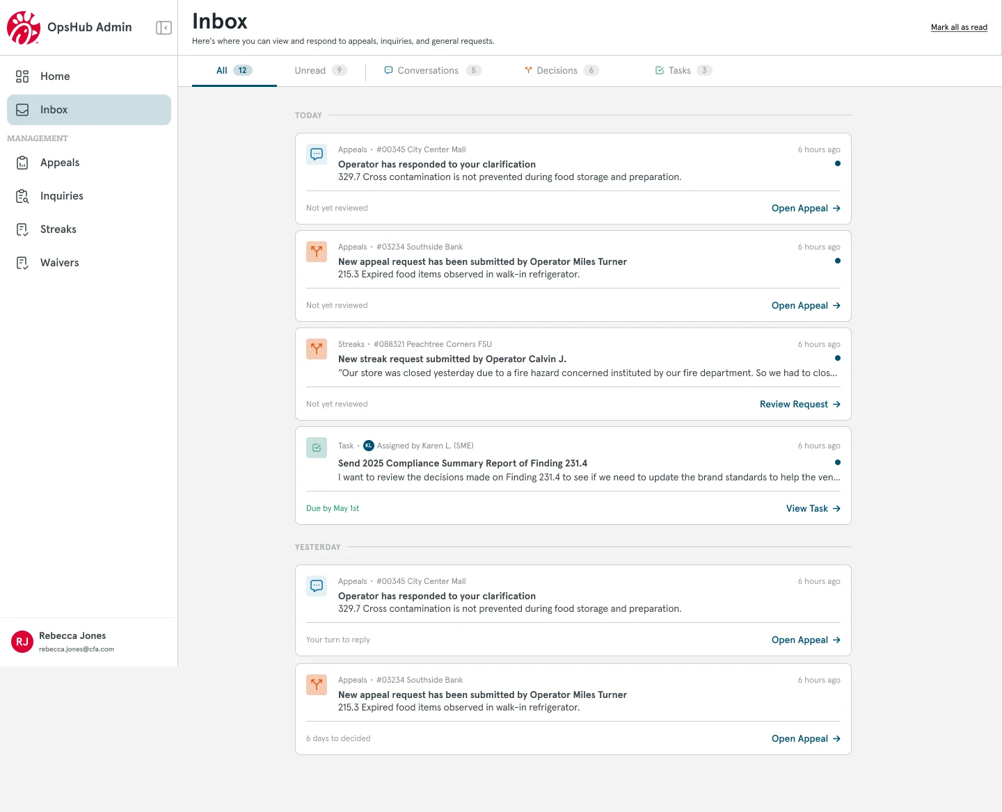 The Ops Hub Admin inbox as designed, with tabs for conversations, decisions and tasks, and each item linking straight to its record