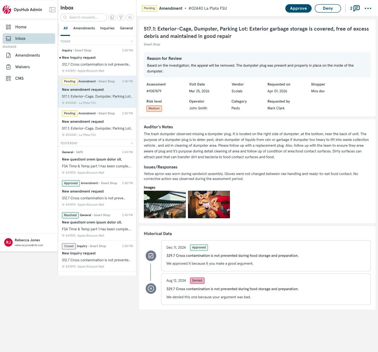 The Ops Hub Admin inbox with annotations pointing at the filter tabs and the search and sort controls