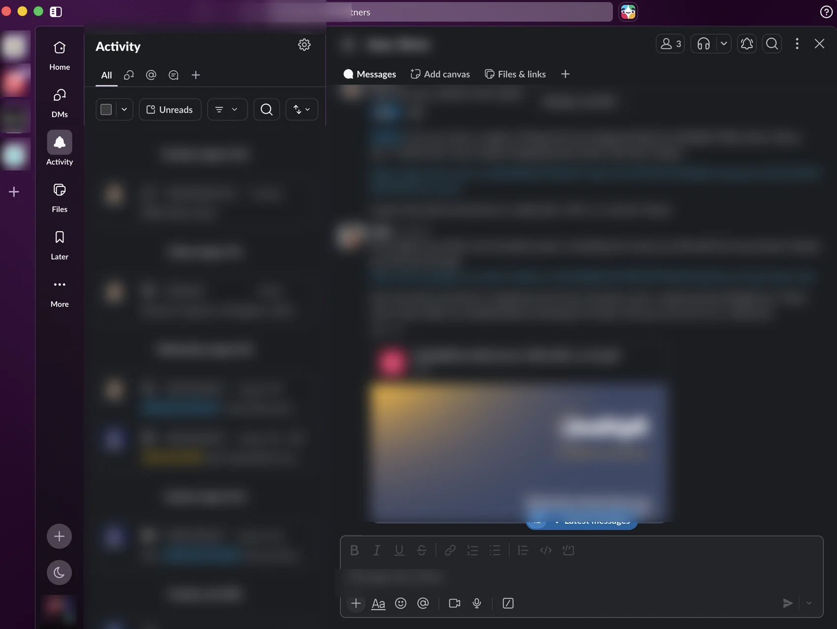 Slack activity view, message content blurred