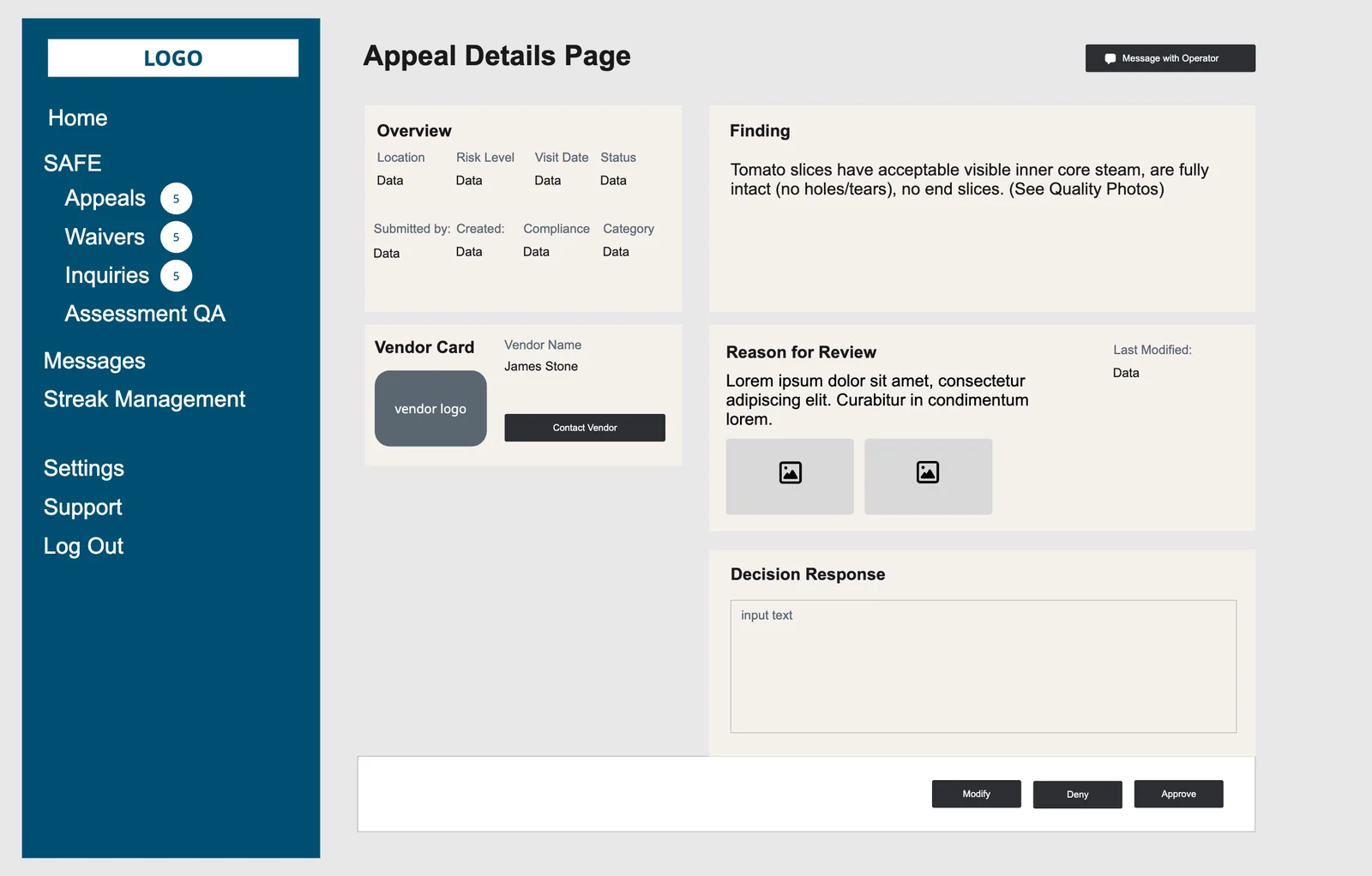 Wireframe of the Ops Hub Admin appeal detail screen