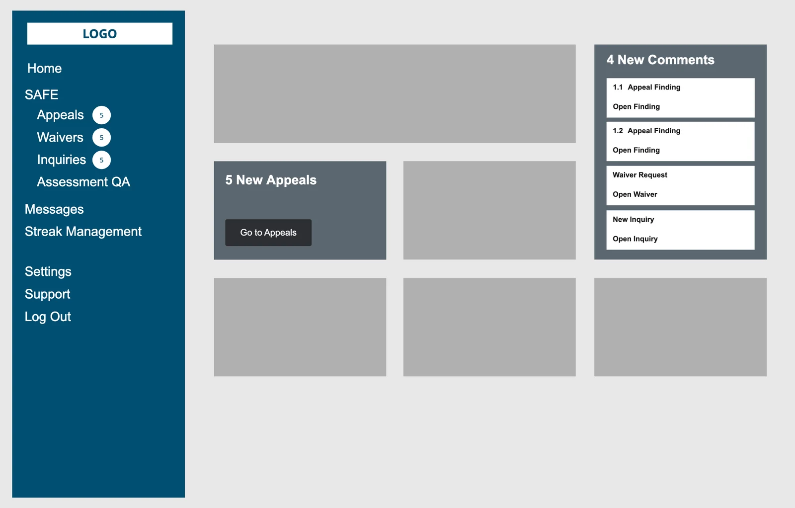 Wireframe of the Ops Hub Admin home screen
