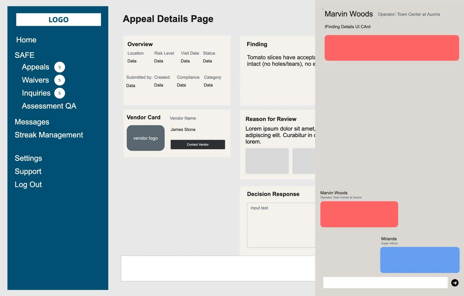 Wireframe of the Ops Hub Admin messaging in context screen