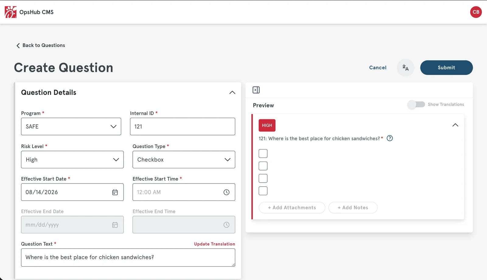 The Create Question form with a preview panel