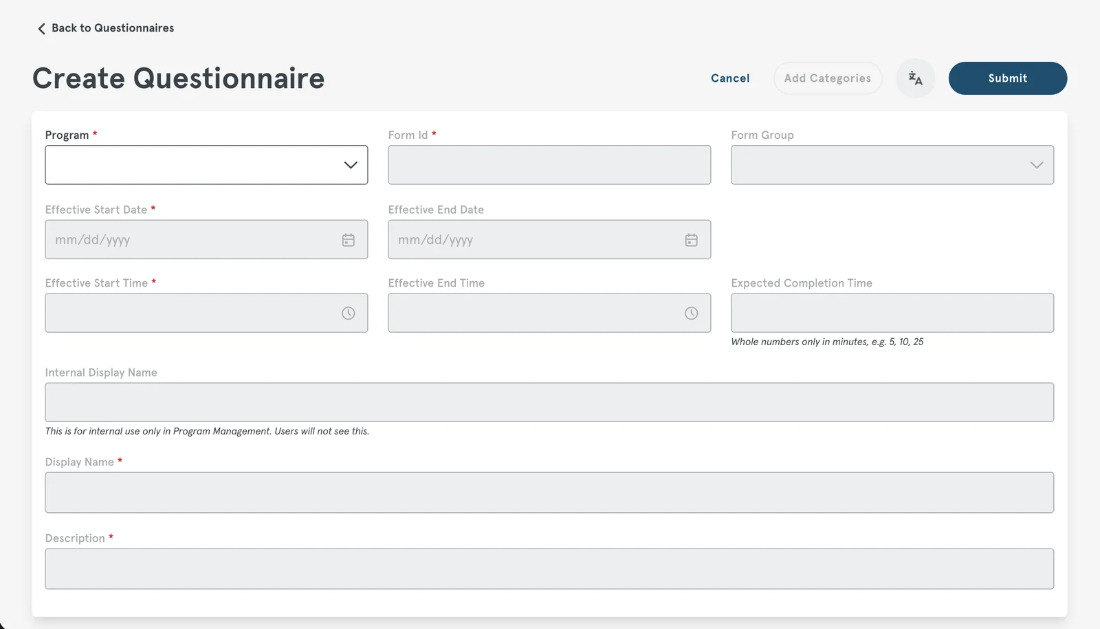 The Create Questionnaire form, mostly empty fields