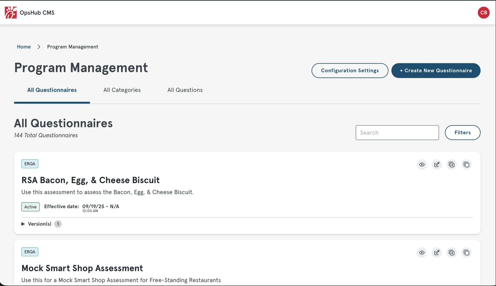 The All Questionnaires list in Ops Hub CMS, showing 144 total questionnaires