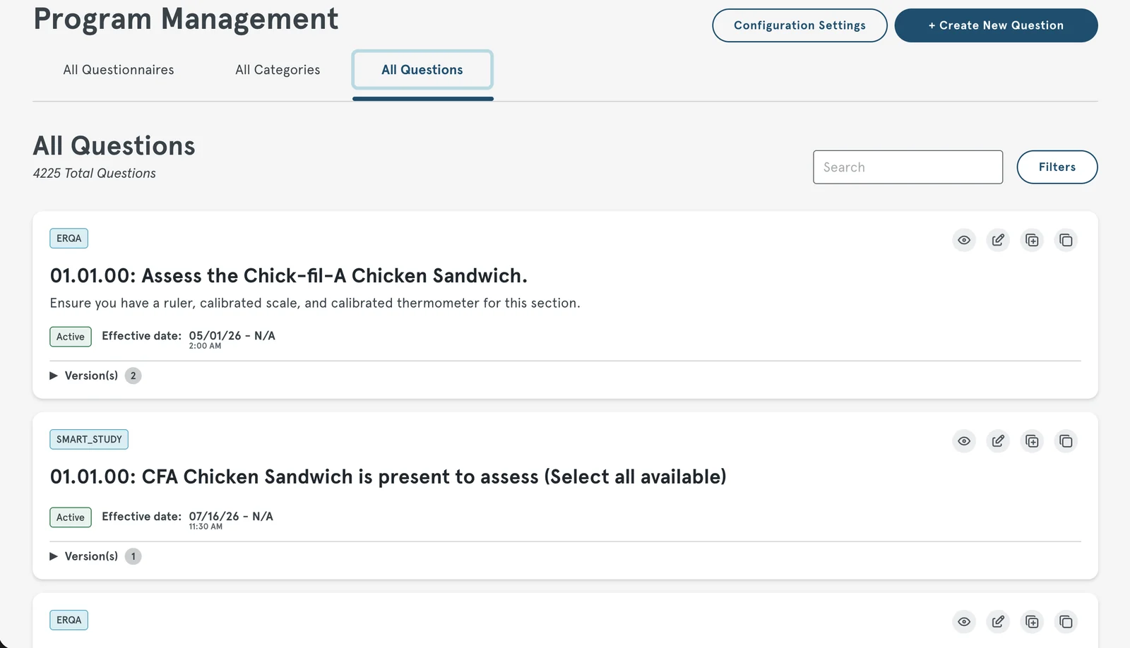The All Questions list in Ops Hub CMS, showing 4225 total questions