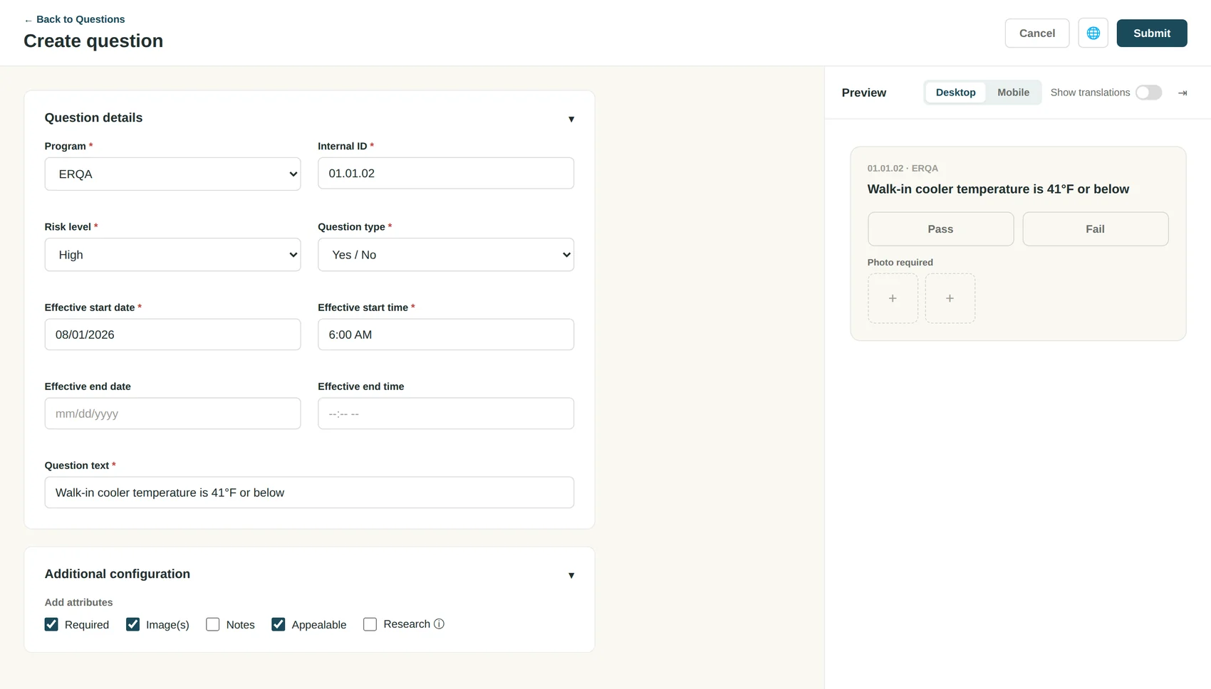 Create question with a live desktop preview beside the form