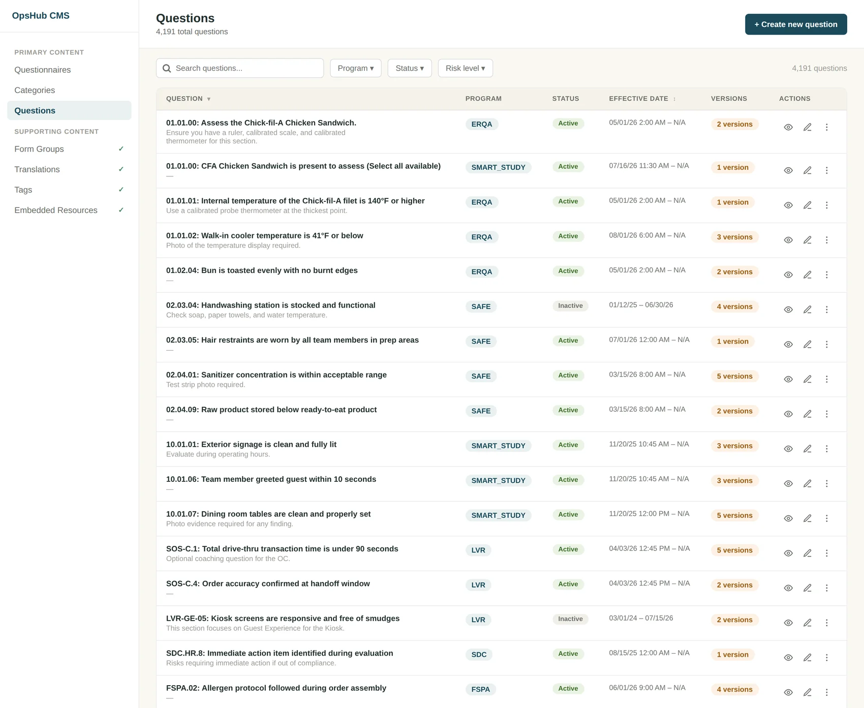 Redesigned Questions list with filters for program, status and risk level, and version counts on every row