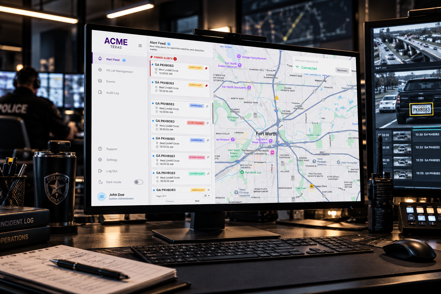 ALPR alert dashboard on a desktop monitor