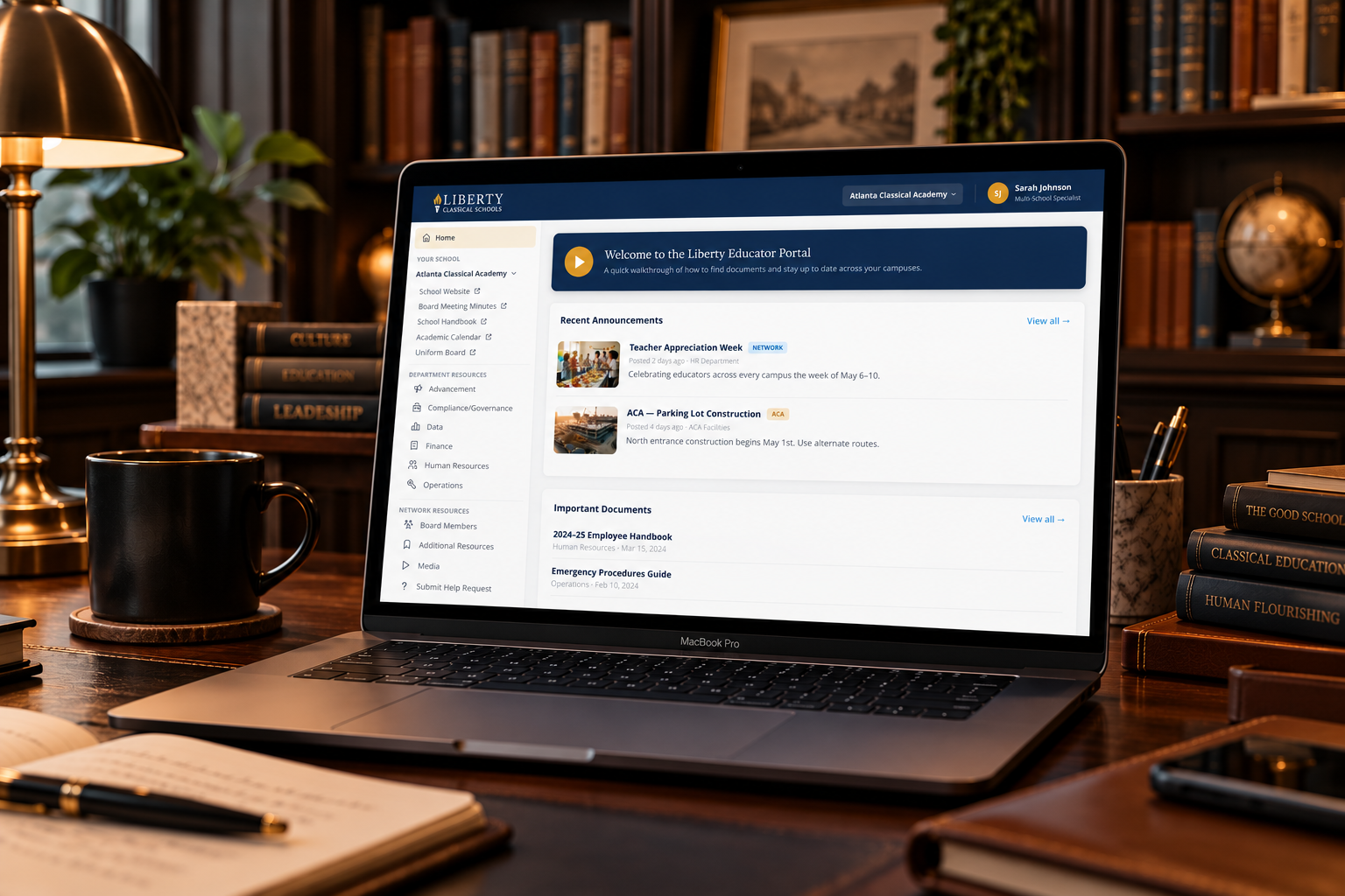 Liberty Classical School Intranet educator portal on a laptop